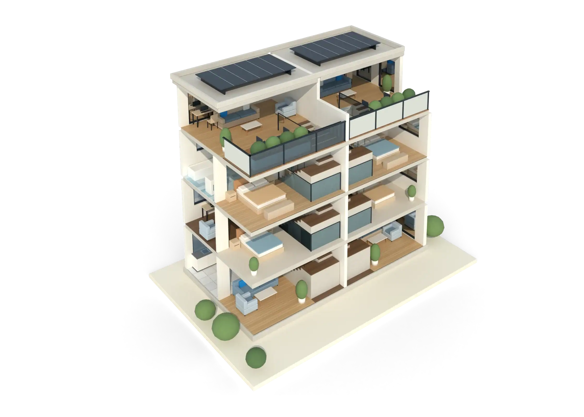 A cutaway of a four-storey townhouse block showing furnished rooms and a stair