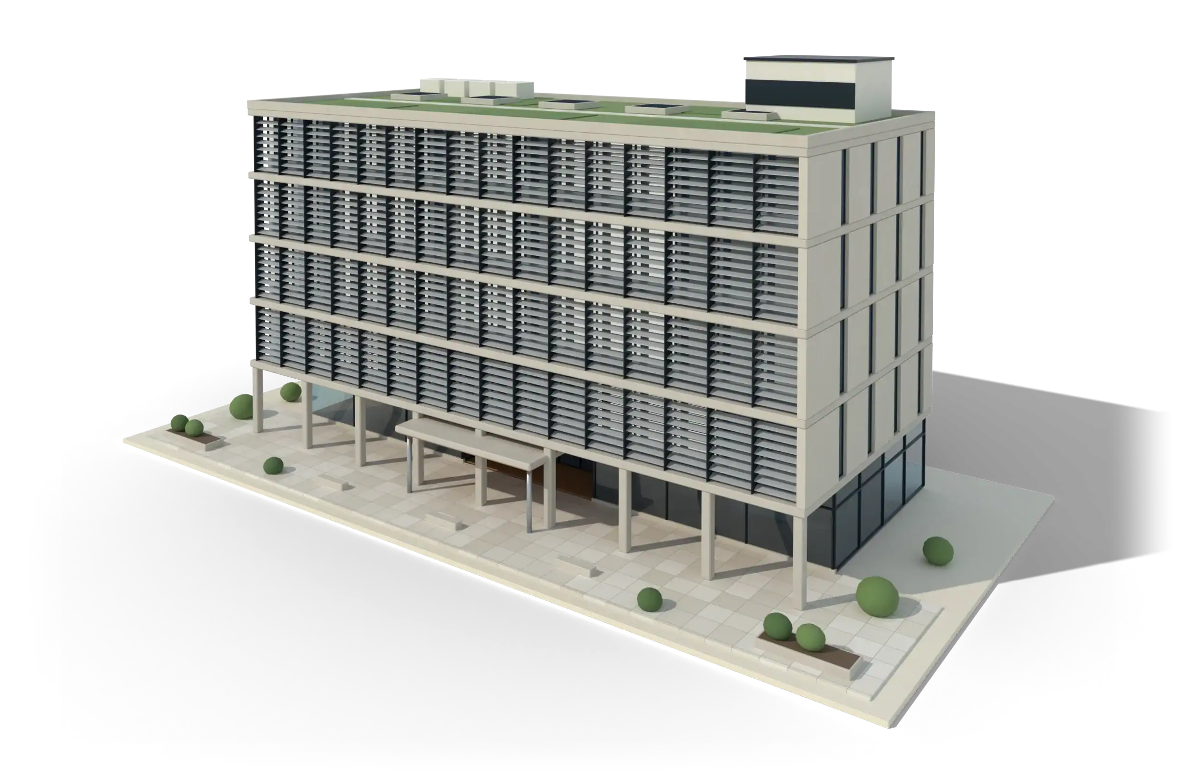 A four-storey office building raised on columns, with horizontal louvres, a canopy entrance and a green roof