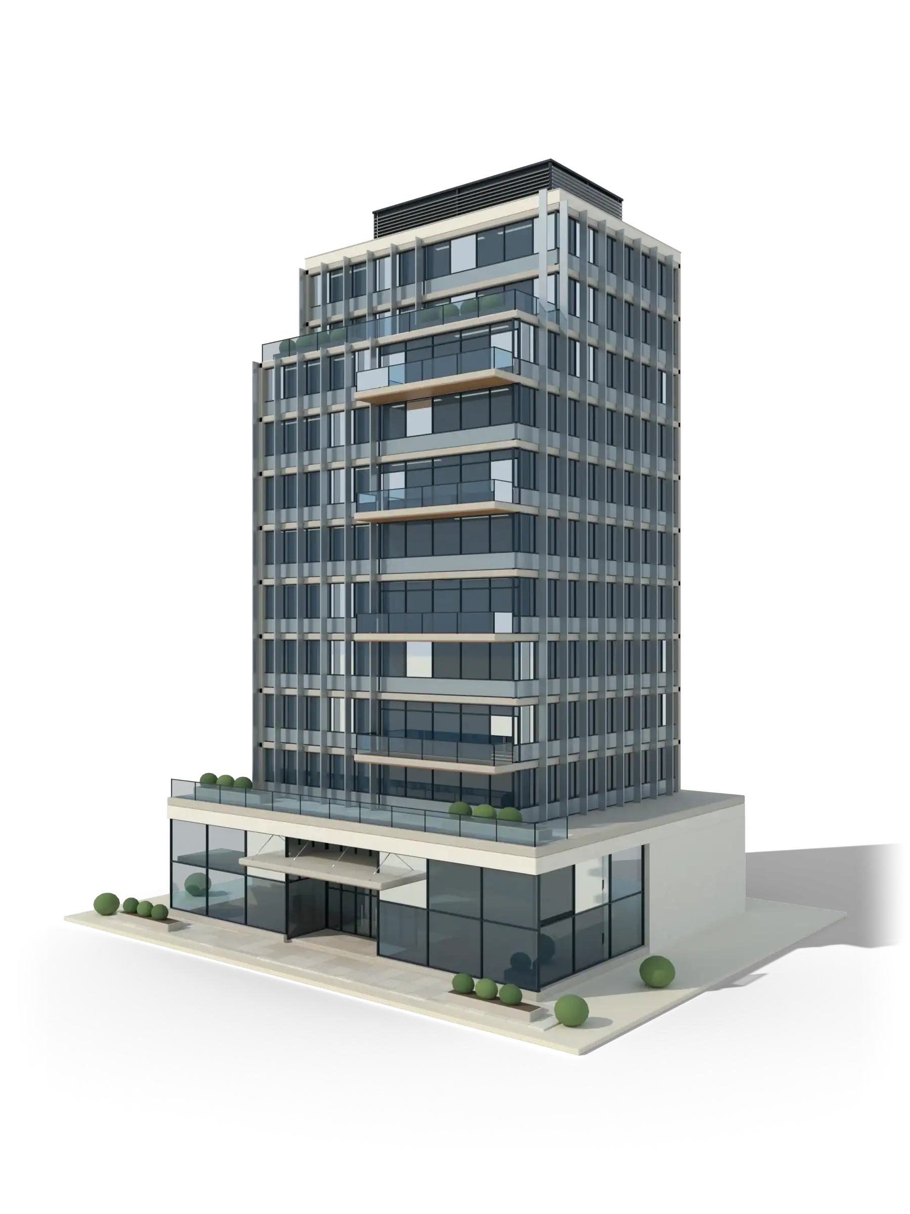 A contemporary twelve-storey mixed-use tower with a glazed podium, fins, timber balconies and a rooftop plant screen