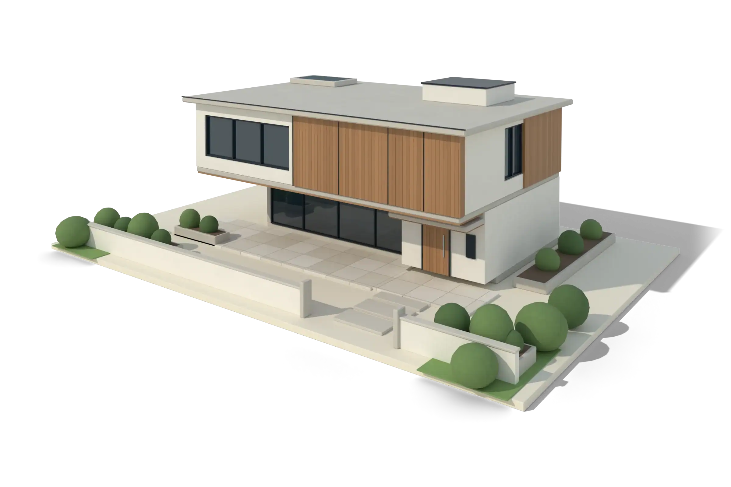 A modern two-storey house with a cantilevered upper volume, timber cladding and large glazing
