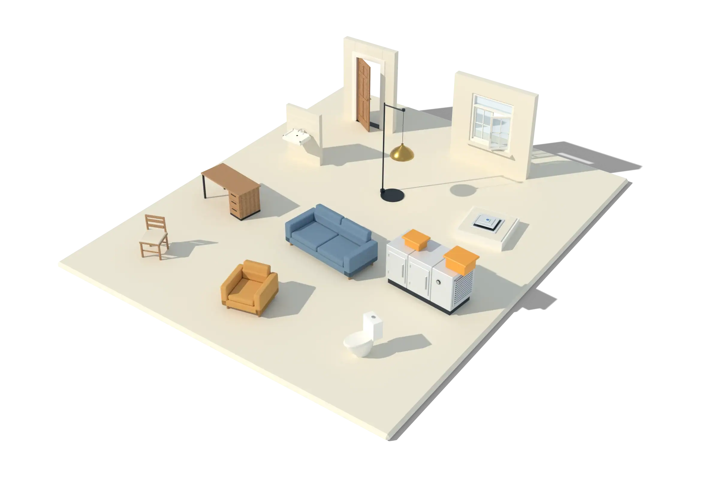 A set of building families as 3D objects: a door, a window, furniture, a light, sanitary ware and an air handling unit