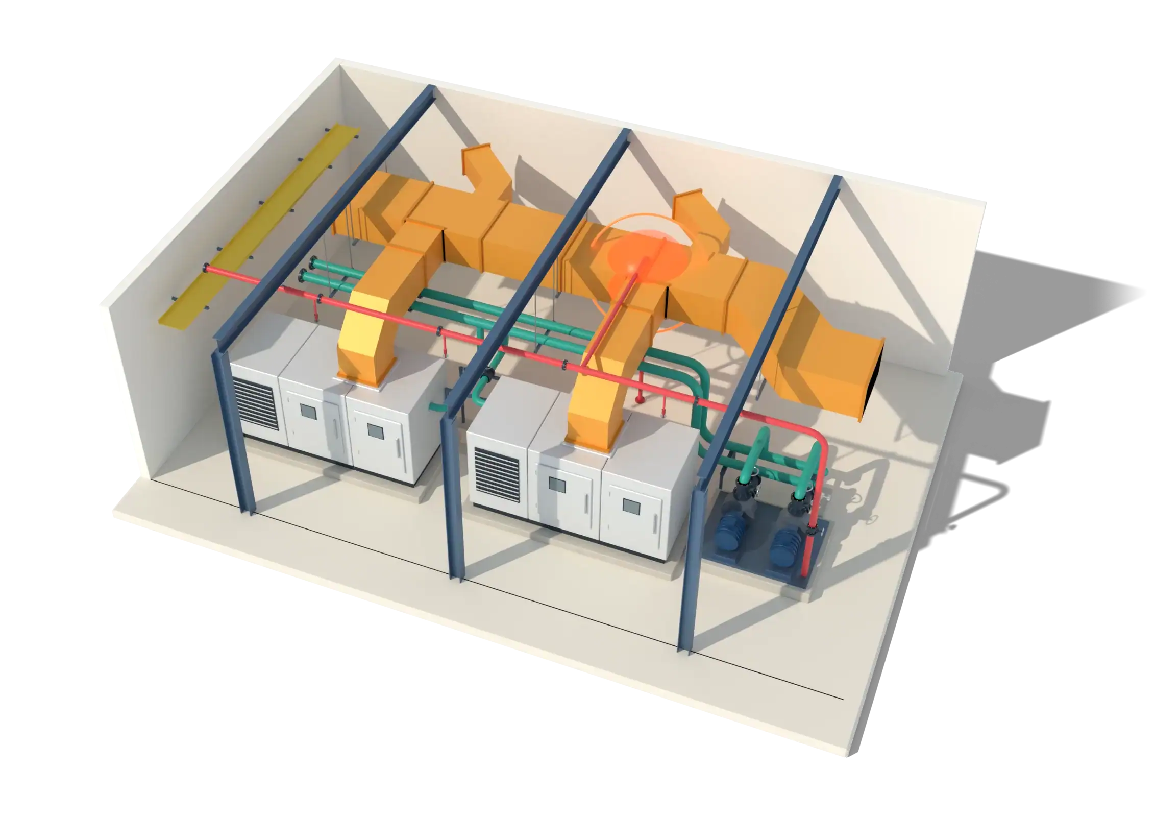 A mechanical plant room with air handling units, ducts, pipes and a cable tray, with one clash flagged in orange