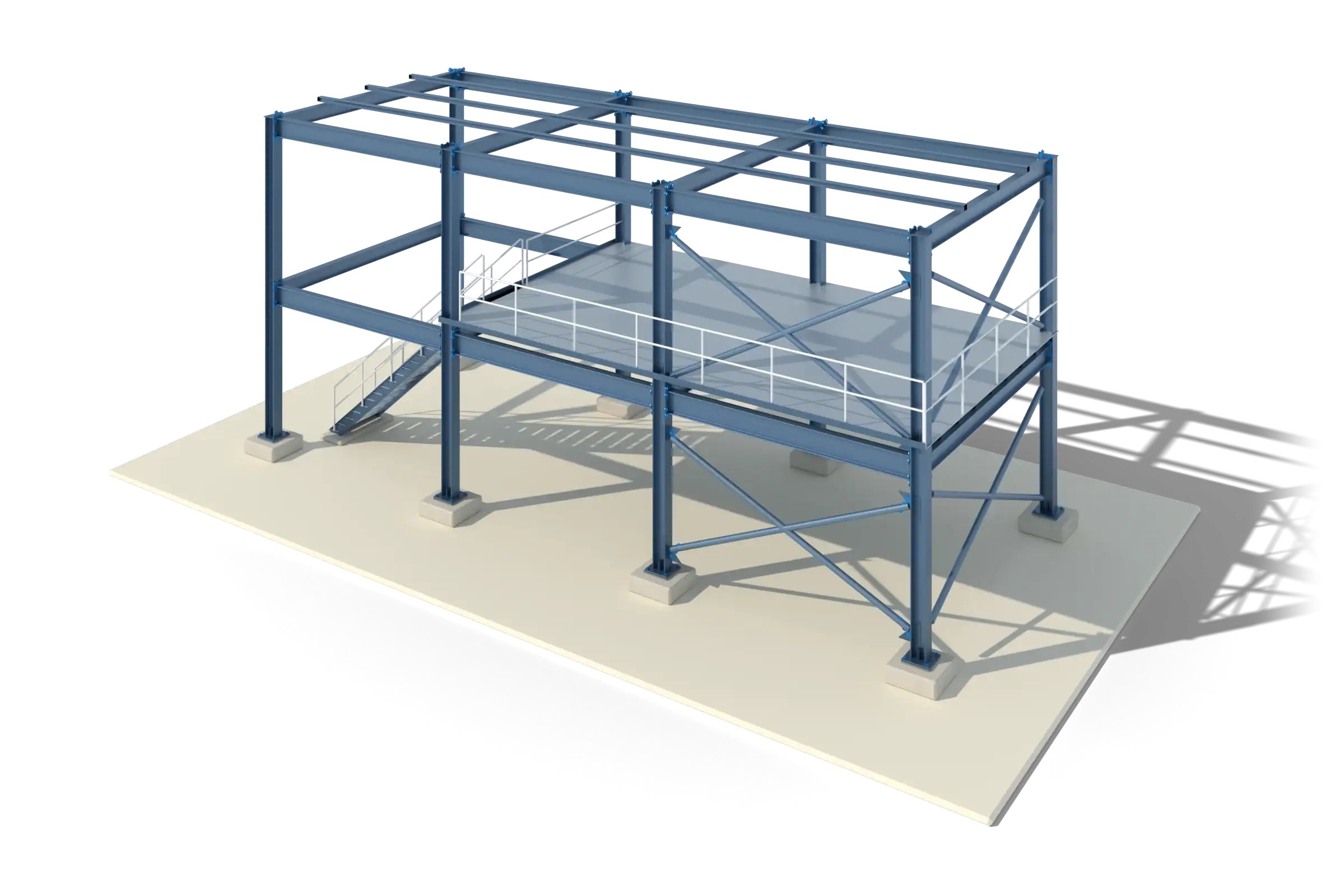 A two-storey steel frame with bracing, a stair, a mezzanine and bolted connections