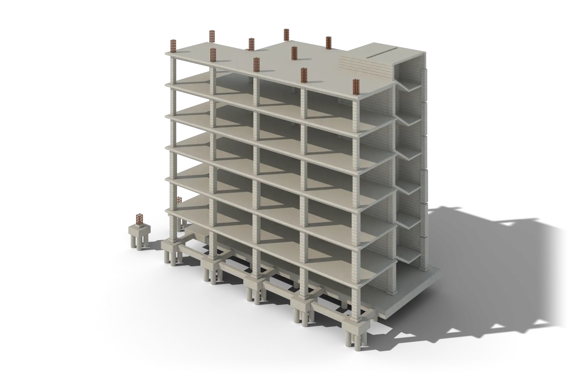 A six-storey reinforced concrete frame with columns, beams, slabs, a core and a foundation raft