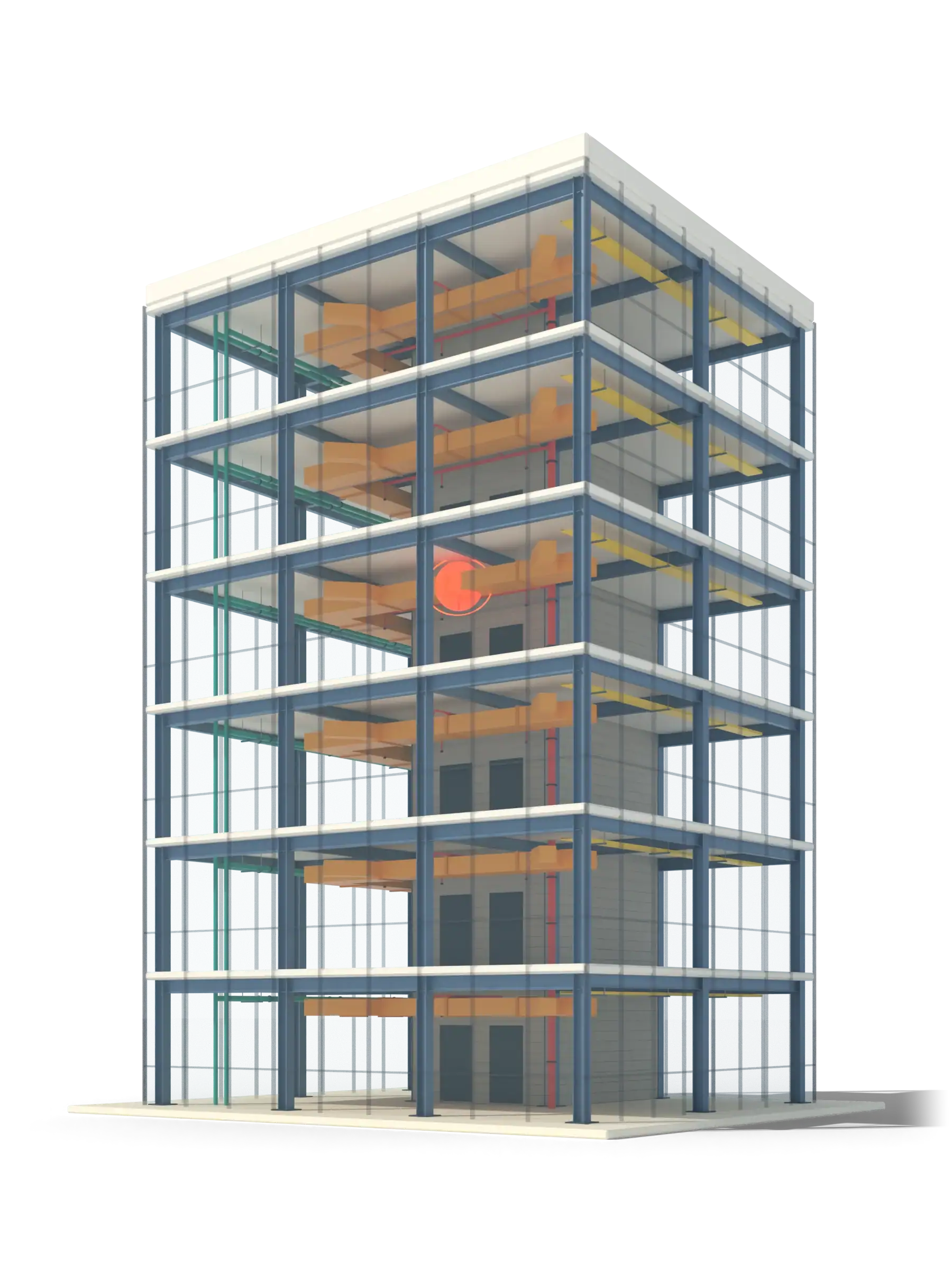 A six-storey building shown as a BIM x-ray: the steel frame, ducts and pipes visible through a glass facade, with one clash marked in orange